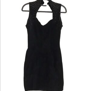Firenze 1980’s Suede leather vintage black dress Sz S Tiny rhinestones Open back